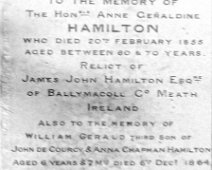 Hamilton's grave, Sedgeford church Perspective removed. Anne Geraldine Hamilton (née de Courcy) , born 1788, daughter of John de Courcy, 19th Lord Kingsale, and Susan (née Blennerhassett),....