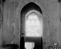 Mrs. Coldham's church window and font, Anmer church Original caption: Mrs. Coldham's church window and font