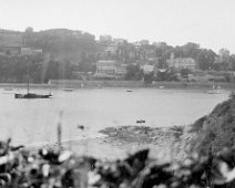 View over Salcombe Harbour. The house with the tower is Cliff House. Maybe taken from just above Smalls Cove Original caption: View of harbour and cliff town